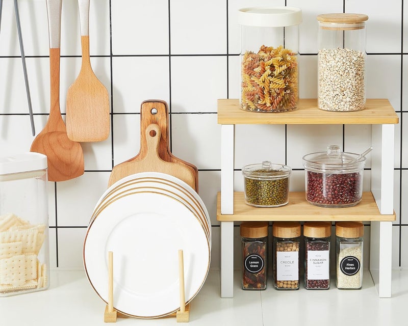 Marsui 4 Pcs Kitchen Organizer Accessories Set Cabinet Organizer Shelf and Bamboo Dish Drying Plate Rack Counter Shelves Storage Holder for Spice Rack, Dish, Pot Lid, Bowl, Cup(Wooden Color) - Image 5